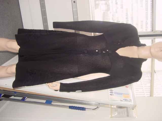 KNITTED COAT FOR LADIES INTENDED TO COVER THE  BODY DOWN TO KNEES. WITH FULL SKIRT.  WITH A COMPLETE FRONT OPENING.  FASTENING RIGHT OVER LEFT WITH THREE BUTTONS. WITH LONG SLEEVES. WITHOUT POCKETS. WITH RIB AT SLEEVE ENDS AND PLAIN KNIT AT FRONT WITH LOOSE RIBBED EDGES. PLAIN KNIT AT BASE OF GARMENT.   WITH CABLE AND LOOSE RIBBED COLLAR  EXTENDING AROUND THE  NECK. LENGTH 100CM.  100% ACRYLIC