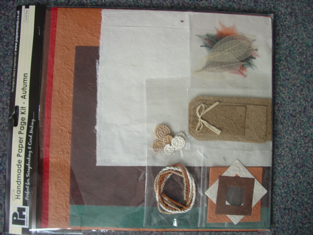 HAND MADE PAPER KIT. SIX SHEETS OF HAND MADE PAPER.  CUT OUT SHAPES OF HAND MADE PAPER.  THREE SHORT LENGTHS OF CORD. FIVE CORD RINGS AND AN ASSORTMENT OF LEAF SKELETONS. ALL PACKAGED AS A KIT FOR SCRAPBOOK/CARD MAKING.