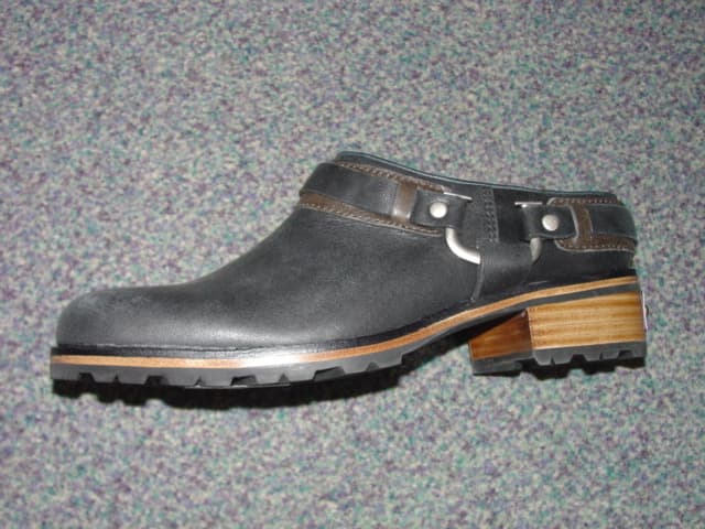 LADIES BACKLESS MULE STYLE SHOE. UPPERS OF LEATHER. OUTER SOLES OF RUBBER. NOT COVERING THE ANKLE. THE FOREFOOT IS COMPLETELY COVERED WITH THE SIDES TAPERING TOWARDS THE HEEL. WITH SHEEPSKIN INSOLE.   INSOLE LENGTH EXCEEDS 24 CMS.  WITH LOGO ON HEEL. BLACK IN COLOUR.