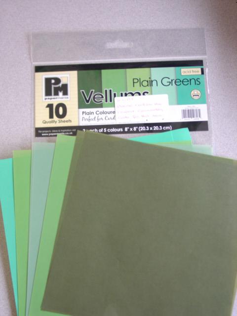 A PACK OF VELLUM PAPER CONTAINING TWO SHEETS EACH OF FIVE SHADES OF GREEN. EACH SHEET MEASURES 20.3 X 20.3 CM. FOR CRAFTWORK. PACKAGED AND PUT UP FOR RETAIL SALE IN A CLEAR POLY BAG WITH A PRINTED CARD INSERT.