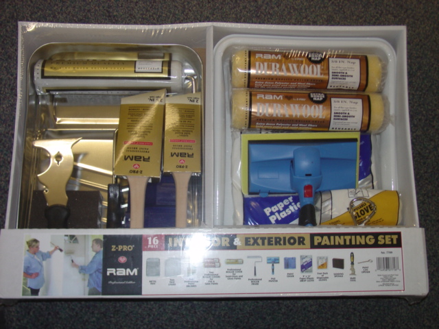 16 PIECE INTERIOR AND EXTERIOR PAINTING SET. WITH 3 PAINT ROLLERS WITH ROLLER FRAME, 2 PAINT PADS, 2 PAINT BRUSHES, 3 PAINT TRAYS, 1 PACK OF 4 x PLASTIC DISPOSABLE GLOVES, 1 MULTI TOOL, 1 PLASTIC DROP CLOTH, 1 SANDING SPONGE AND 1 METAL PAINT CAN OPENER. ALL PACKAGED TOGETHER FOR RETAIL SALE IN CARDBOARD BOX COVERED WITH CELLOPHANE.
