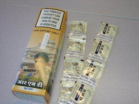GUTKHA USED AS CHEWING TOBACCO. THE PRODUCT CONTAINS THE FOLLOWING INGREDIENTS; SAPADI (BETEL NUT) KATTHA (A WOOD BY PRODUCT) TAMBAKHU (TOBACCO) CHUNA (CHALK)  KASHAR (SAFFRON) SPICES AND ADDED FLAVOURS.THE PRODUCT IS PACKAGED IN SMALL 50G POUCHES WITH A CARDBOARD OUTER OF 200G, WHICH STATES THIS TOBACCO PRODUCT CAN DAMAGE YOUR HEALTH AND IS ADDICTIVE.