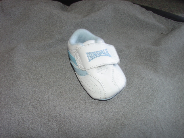 INFANTS/BABIES TRAINER STYLE SHOE. UPPERS OF WHITE LEATHER AND PLASTIC WHERE THE LEATHER PREDOMINATES. OUTER SOLES OF PLASTIC. NOT COVERING THE ANKLE. INSOLE LENGTH LESS THAN 24CMS. WITH VELCRO FASTENING STRAP. COMPANY LOGO ON STRAP AND HEEL. WHITE/BLUE IN COLOUR