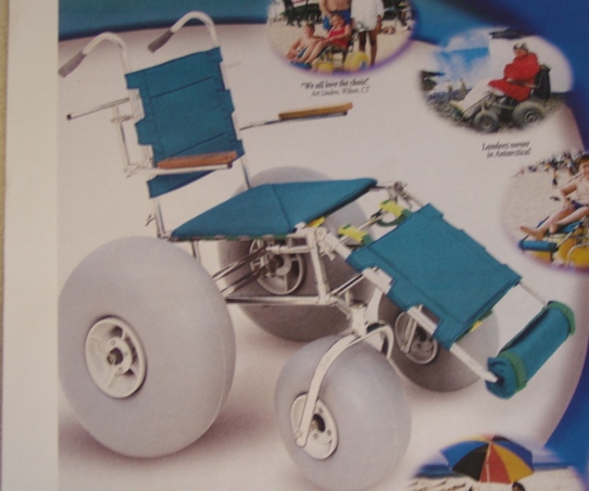 AN ALL-TERRAIN WHEELCHAIR WHICH FEATURES, LOW PRESSURE PNEUMATIC BALLON TYRES TO GIVE EXTRA STABILITY, A STAINLESS STEEL FRAME (ENTIRE FRAME DISASSEMBLES IN SECONDS WITHOUT TOOLS), 19 INCH SEAT HEIGHT, LEG REST ADJUSTS 4 ANGLE POSITIONS AND 4 LENGTH POSITIONS, ARMRESTS SWIVEL UP FOR EASY TRANSFER AND WEIGHS 425LBS.