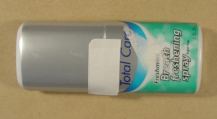 A BREATH FRESHENING SPRAY WHICH IS USED TO SPRAY DIRECTLY INTO YOUR MOUTH FOR INSTANT FRESH BREATH CONFIDENCE, .MINTY DEODORISING SPRAY WITH ANTI-BACTERIAL ACTION, SUGAR FREE .INGREDIENTS INCLUDES,  AQUA, ALCOHOL, GLYCERIN, AROMA, HYDROGENATED CASTOR OIL, SODIUM SACCHARIN, CETYLPYRIDINIUM CHLORIDE, LIMONENE. CFC FREE. IN 12.5ML SPRAYS.