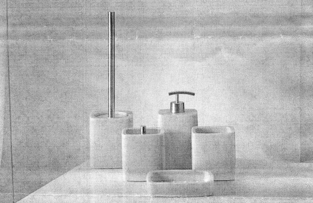 FIVE PIECE SET OF BATHROOM ACCESSORIES. CONSISITING OF A SOAP DISH, RECTANGULAR IN SHAPE, MEASURING 14.5CM X 10.5 CM, A PUMP ACTION LIQUID SOAP DISPENSER, A PLASTIC TOILET BRUSH IN A HOLDER, TISSUE HOLDER, MEASURING 10.5CM (H) X 8.5CMS (W) X 8CM (D) AND A TOOTHBRUSH HOLDER WITH OPEN TOP WITH BASE METAL DIVIDER, MEASURING 10.5CM (H) X 8.5CM (W) X 8CM (D). MADE FROM 70 PERCENT SANDSTONE AND 30 PERCENT POLYRESIN.PACKAGED TOGETHER FOR RETAIL SALE IN A CARTON.