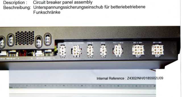 CIRCUIT BREAKER ASSEMBLY, USED IN BATTERY-DRIVEN RACKS FOR RADIO SYSTEMS. IT IS FULLY EQUIPPED AND READY FOR USE IN A METAL HOUSING.