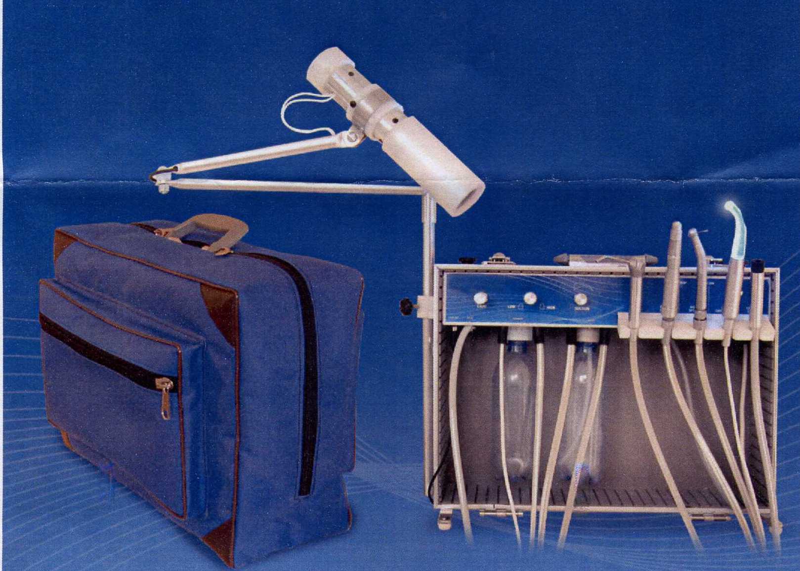 A PORTABLE SELF CONTAINED DENTAL UNIT OR COMPACT MOBILE DENTAL UNIT, THE UNIT INCLUDES - VERSION 1 : A CASE WITH PIPES AND VALVES TO CONNECT THE HIGHSPEED AND SLOWSPEED HANDPIECES, AIR/WATER SYRINGE, LIGHT REFLECTOR, TWO PET BOTTLES (EMPTY), CONNECTION FOR SALIVA EJECTOR, HAND SPITTOON, PEDAL AND SWITCHES. THE UNIT METAL CASE IS PROTECRED BY A NYLON BAG. VERSION 2 : SAME AS VERSION 1 BUT INCLUDES THE HIGHSPEED AND LOWSPEED HANDPIECES.