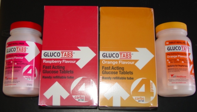 A CHEWABLE GLUCOSE COMPRESSED TABLET WEIGHING 4.2 GRAMS, CONTAINING 4 GRAMS OF GLUCOSE IN THE FORM OF DEXTROSE, WITH CELLULOSE, MALTODEXTRIN, CITRIC ACID, MAGNESIUM STEARATE, FLAVOURING, ASCORBIC ACID, COLOURING. PACKAGED EITHER IN A PLASTIC TUBE CONTAINING TEN TABLETS OR A PLASTIC SCREW TOP BOTTLE CONTAINING FIFTY TABLETS. ORANGE OR RASPBERRY FLAVOURED.