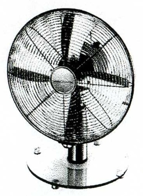 DESK FAN 30 CENTIMETERS IN HEIGHT, BRUSHED CHROME WITH A GLASS BASE. 3 SPEED SETTING WITH ROTARY SWITCH, MANUAL TILTING ADJUSTMENT, 40 WATTS OF POWER, WITH OSCILLATION.