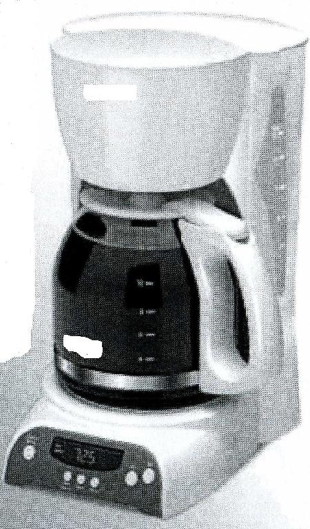 AN ELECTRICAL COFFEE MAKER APPLIANCE. A WHITE PLASTIC UNIT WITH A GLASS DECANTER. MAINS OPERATED.  FEATURES 12 CUP BREWING CAPACITY, GLASS DECANTER, BREW BASKET WITH REMOVABLE FILTER BASKET, THE FILTER BASKET LIFTS OUT FOR FAST AND EASY CLEANING. PAUSE AND SERVE FEATURE ALLOWS YOU UP TO 30 SECONDS TO POUR A CUP OF COFFEE WHILE THE COFFEE MAKER IS STILL BREWING. DUAL WATER WINDOWS SHOW THE AMOUNT OF WATER IN THE RESERVOIR FOR ACCURATE FILLING. THE NON STICK WARMING PLATE ALLOWS THE COFFEE TO STAY HOT AFTER BREWING. THE CORD IS STORED SAFELY INSIDE THE APPLIANCE TO KEEP YOUR COUNTERTOP  NEAT. THE ON/OFF LIGHT INDICATES WHEN THE COFFEE MAKER IS ON. AUTO SHUT OFF FEATURE WILL AUTOMATICALLY SHUT OFF THE MACHINE 2 HOURS AFTER BREWING. FITTED WITH PROGRAMMABLE CONTROLS, AN LED CLOCK WHICH ALLOWS YOU TO SET THE DELAY BREW FEATURE. THE DELAY BREW FEATURE IS A TIMER WHICH ALLOWS YOU TO PRESET A TIME  WHEN YOU WOULD LIKE THE COFFEE MAKER TO AUTOMATICALLY BREW YOUR COFFEE UP TO 24 HOURS IN ADVANCE.