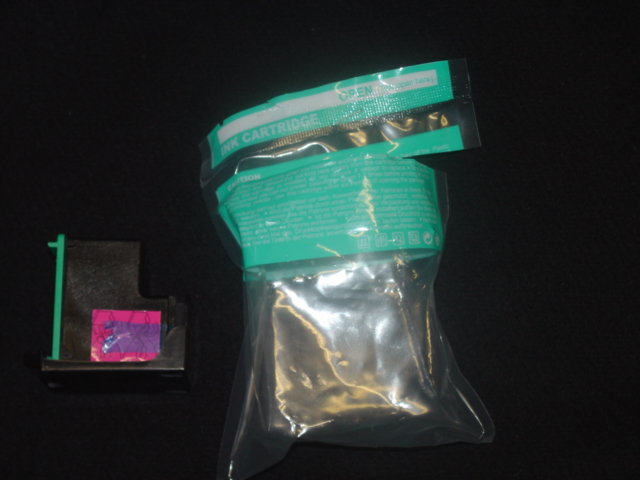 REMANUFACTURED THREE COLOUR INKJET CARTRIDGES COMPLETE WITH PRINT HEAD FOR USE AS REPLACEMENTS FOR SPECIFIC BRANDED INKJET PRINTER PARTS. THE CARTRIDGES CONSIST OF A PLASTIC WELDED OUTER CASING WITH DETACHABLE PLASTIC LID AND CONTAIN AN INTERNAL PLASTIC SPONGE WHICH HOLDS THE INK. AN ELECTRICAL PRINT HEAD MECHANISM IS ATTACHED BY WELD TO THE PLASTIC OUTER CASING.