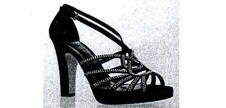 WOMENS DIAMANTE SANDAL.  WITH UPPERS OF SATIN TEXTILE STRAPPING COVERED WITH DIAMANTE.  WITH A THIN STRAP EITHER SIDE COMING FROM THE BACK TO THE UPPER INSTEP.  WITH HIGH HEEL WIDER AT THE TOP NARROWING TO THE BASE.  WITH PU LINING. WITH IN-SOLE LENGTH OF 24 CM OR MORE.