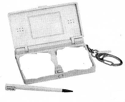 A SMALL PORTABLE  LIGHTWEIGHT PROTECTOR CASE OF MOULDED PLASTIC DESIGNED TO HOLD FOUR GAME CARTRIDGES AND A STYLUS (STYLUS INCLUDED). THE CASE HAS MOULDED INTERNAL SECTIONS WHICH HOLD THE CARTRIDGES SECURELY. COMES WITH A METAL KEY CHAIN ATTACHED.
