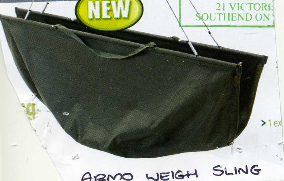 A WEIGHING SLING TO BE USED WHILST FISHING. IT IS DESIGNED TO PUT A FISH INSIDE ONCE IT HAS BEEN CAUGHT. THE SLING HAS 2 WIRE HANDLES TO CLOSE THE SLING TO SECURE THE FISH INSIDE IT IS THEN WEIGHED AND THE FISH IS EITHER RELEASED FOR PUT IN A KEEP NET. IT ALSO HAS TWO CARRY HANDLES. MADE FROM POLYESTER.