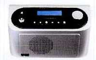A DAB RADIO WHICH HAS MONO SPEAKERS WITH A 1.0w RMS POWER OUTPUT A DIGITAL TUNER AND A SINGLE CLOCK.  THEIR ARE 10 PRESET STATIONS AND AN LCD DIPLAY.  THE DAB RADIO IS PORTABLE AND THEREFORE IS MAINS OR BATTERY POWERED.  IT IS SILVER IN COLOUR AND HAS DIMENSIONS D20 X H11.4 X W8.5 CM AND WIGHT 98 KG.