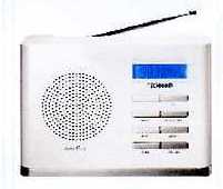A SILVER DAB RADIO CLOCK WITH BUILT IN SINGLE SPEAKER.  FEATURES INCLUDE: ALARM CLOCK FUNCTIONS, AUTO STATION TUNING, 10 DAB AND 10 FM PRESET STATIONS INCLUDING BBC1 XTRA, TALK SPORT AND RADIO FIVE, LCD DISPLAY, DITAL TUNER, SINGLE CLOCK AND STEREO SOUND.  THE DAB RADIO IS POWERED BY MAINS ADAPTER BUT IS A PORTABLE DEVICE.