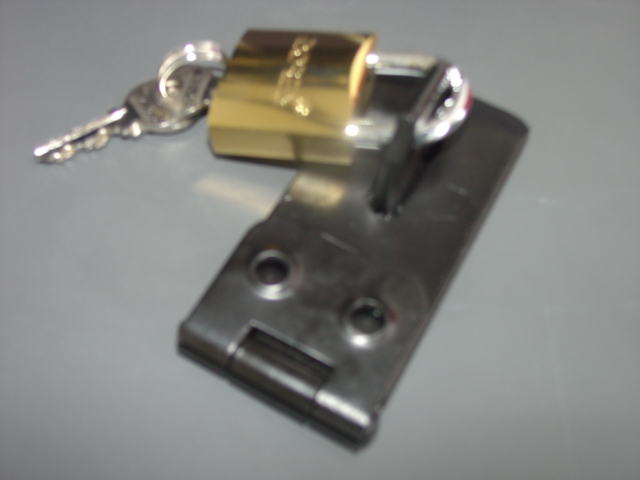 A MILD STEEL SAFETY HASP AND STAPLE WITH PADLOCK. ACCOMPANIED WITH A SET OF THREE KEYS.