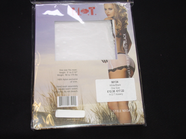 KNITTED BRA AND BRIEF SET OF NYLON COMPRISING OF A NON ADJUSTABLE BRA WHICH FASTENS AT THE FRONT OF THE BODY WITH TWO TEXTILE RIBBONS. PACKAGED WITH A THONG. ALSO PACKAGED WITH ANOTHER GARMENT WHICH HAS BEEN CLASSIFIED SEPARATELY. MADE TO FIT LADIES OF A HEIGHT RANGING FROM 5 FOOT TO 5 FOOT 10 INCHES TALL AND WEIGHING BETWEEN 90 AND 175 LBS. PACKAGED IN A PAPERBOARD SLEEVE AND PLASTIC COVER/BAG.