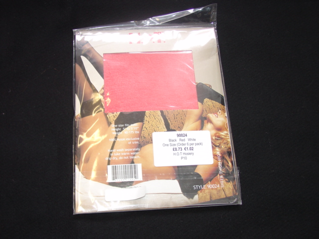 A PAIR OF LADIES SHEER THIGH HIGH STOCKINGS. MADE OF NYLON. MADE TO FIT LADIES OF A HEIGHT RANGING FROM 5 FOOT TALL TO 5 FOOT 10 INCHES TALL AND WEIGHING BETWEEN 90 AND 175 LBS. AVAILABLE IN THREE DIFFERENT COLOURS: BLACK, RED OR WHITE. PACKAGED IN A PAPERBOARD SLEEVE AND PLASTIC COVER/BAG.