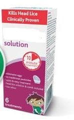 A HEAD LICE SOLUTION THAT KILLS THE LICE AND EGGS AND IS FOR USE IN ADULTS AND CHILDREN OVER TWO YEARS OLD.  THE PRODUCT IS APPLIED DIRECTLY TO THE HAIR AND WORKS THROUGH A PHYSICAL ACTION ON THE LICE CAUSING THEM TO DEHYDRATE AND DIE.  THE SOLUTION IS CONTAINED IN A 200 ML BOTTLE AND PACKAGED WITH A METAL COMB. IT IS PUT UP FOR RETAIL SALE IN A CARDBOARD BOX.  THE INGREDIENTS INCLUDE PHENOTHRIN, PERFUME HERBAL GREEN, PURIFIED WATER AND ISOPROPYL ALCOHOL.