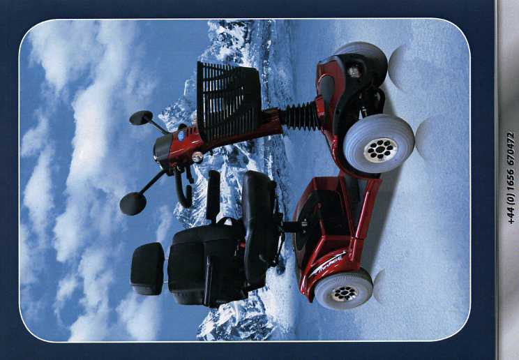A FOUR WHEELED ELECTRIC MOBILITY VEHICLE, FOR SINGLE PERSON USEAGE. SPEED: 4/6 MPH. POWERED BY TWO BATTERIES, GIVING A RANGE OF 22 MILES PER CHARGE. WEIGHT: 56 KG, EXCLUDING BATTERIES. 83 KG, INCLUDING BATTERIES. ENGINE POWER: 450 WATTS, GENERATING 5100 RPM. LENGTH: 1220 MM. WIDTH: 610 MM. CENTRAL COLUMN WITH STEERING AND VEHICLE CONTROLS. CAPTAIN'S SEAT WITH ELEVATING ARMRESTS, REVOLVES THROUGH 360 DEGREES FOR EASY ACCESS. SEAT HEIGHT ADJUSTABLE BETWEEN 370 MM AND 440 MM. GROUND CLEARANCE 80MM. IS ABLE TO CLIMB OBSTACLES (KERB STONES ETC) TO A HEIGHT OF 80 MM, OR SLOPES UPTO 12 DEGREES ELEVATION. VEHICLE HAS TWO INTEGRATED FRONT INDICATORS, TWO REAR INDICATORS, TWO STOP LIGHTS AND A REVERSING LIGHT INDICATOR. HUMAN WEIGHT LIMIT 160 KG (25 STONE). PLASTIC SHOPPING BASKET LOCATED ON STEERING COLUMN.