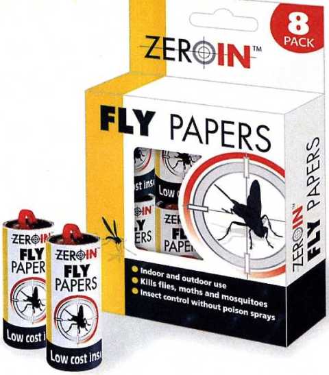 ADHESIVE STRIPS IN PAPER OUTERS, SUPPLIED IN PACKS OF EIGHT IN CARD DISPLAY BOX. KILLS FLIES, MOTHS AND MOSQUITOS WITHOUT POISON SPRAY. SUITABLE FOR INDOOR AND OUTDOOR USE.