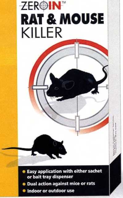 SACHETS OF WHEAT BAIT FOR EFFECTIVE CONTROL OF MICE AND RATS. CONTAINS : DIFENACOUM 0.005% W/W AND DINATONIUM BENZOATE 0.001% W/W.