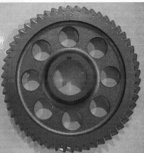 GEAR IN CAM. THE PART IS USED IN THE INDUSTRIAL ASSEMBLY OF ENGINES FOR VEHICLES FALLING UNDER TARIFF HEADING 8703. THE PART IS A TOOTHED WHEEL OF THE EXTERNAL DIAMETER 99MM MADE OF CAST STEEL. THE PART HAS A NUMBER OF STRAIGHT CUT TEETH, PARALLEL TO THE AXIS OF ROTATION. THE PART IS LOCATED NEXT TO THE CANSGHFT INSIDE THE ENGINE. THE PART IS DESIGNED TO FIT WITH OTHER TOOTHED GEARING ELEMENTS IN ORDER TO TRANSFER DRIVE FROM THE INLEY CAMSHAFT ( WHICH IS DRIVEN BY THE TIMER CHAIN TO THE EXHAUST CAMSHAFT WITHIN THE ENGINE.