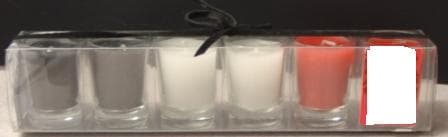 A SET OF SIX SMALL PLAIN, NOT PERFUMED, COLOURED WAX CANDLES MOULDED INTO TRANSPARENT GLASS POTS. EACH POT IS 5 CENTIMETRES HIGH WITH A DIAMETER OF 3.5 CENTIMETRES. COMES PACKAGED FOR RETAIL SALE IN A TRANSPARENT PLASTIC BOX, 23 CENTIMETRES BY 4.5 CENTIMETRES BY 4 CENTIMETRES. DECORATED WITH A THIN VELVET RIBBON.