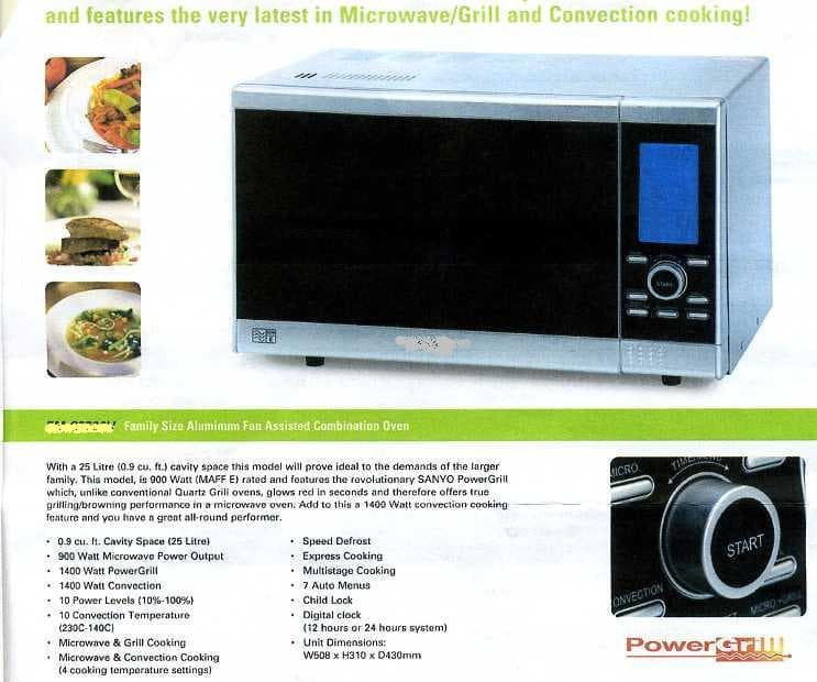 MULTIFUNCTION OVEN WITH 25 LITRES STAINLESS STEEL CAVITY.  COMPRISES 1400 WATT CONVECTION OVEN, 900 WATT MIRCROWAVE OVEN AND 1400 WATT GRILL. WITH TEN POWER LEVELS. TIMER AND DIFFERENT PROGRAMMES, SUCH AS DEFROST. CONVECTION TEMPERATURE RANGE (230C - 140C), EXTERNAL SIZE 508 X 310 X 430MM