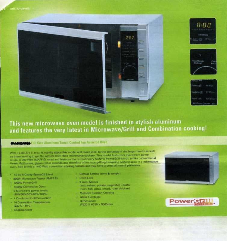 MULTIFUNCTION OVEN WITH 28 LITRES STAINLESS STEEL CAVITY.  COMPRISES 1400 WATT CONVECTION OVEN, 900 WATT MIRCROWAVE OVEN AND 1000 WATT GRILL. WITH FIVE POWER LEVELS. COOKING TIMER AND DIFFERENT PROGRAMMES, SUCH AS DEFROST. CONVECTION TEMPERATURE RANGE (230C - 140C), EXTERNAL SIZE 520 X 335 X 505MM