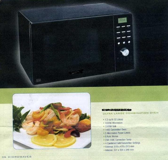 MULTIFUNCTION OVEN WITH 32 LITRES STAINLESS STEEL CAVITY.  COMPRISES 1400 WATT CONVECTION OVEN, 1000 WATT MIRCROWAVE OVEN AND 1100 WATT GRILL. WITH FIVE POWER LEVELS. COOKING TIMER AND DIFFERENT PROGRAMMES, SUCH AS DEFROST. CONVECTION TEMPERATURE RANGE (230C - 140C), EXTERNAL SIZE 351 X 354 X 249MM