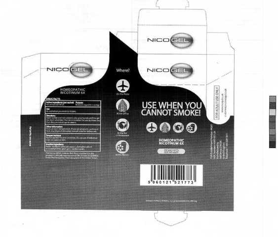 WATER SOLUBLE HAND GEL CONTAINING NATURALLY DERIVED NICOTINE AT I MICROGRAMME PER MILLILITRE. FOR USE AS A CIGARETTE REPLACEMENT IN AREAS WHERE SMOKING IS PROHIBITED. INGREDIENTS : WATER,  NICOTIANA EXTRACT, DIETHYLENE GLYCOL, MONOETHYL ETHER, GUAR GUM, XANTHAN GUM.