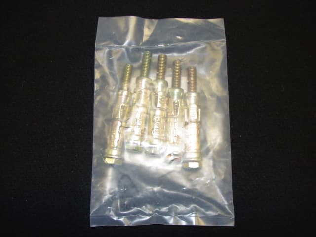 HEXAGON BOLT WITH SHIELD ANCHOR AND WASHER. TENSILE STRENGTH OF 400 MPA. SHANK THICKNESS IS 7.29MM. BOLT SIZE IS M8 X 75MM. PACKAGED IN A CLEAR PLASTIC BAG WITH A PRINTED LABEL AND CONTAINING FIVE BOLTS/ANCHORS PER BAG.