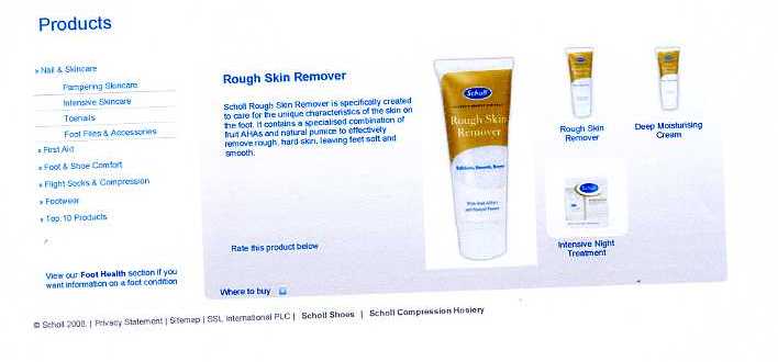 ROUGH SKIN REMOVER FOR THE FEET. A CREAM, CONTAINING A COMBINATION OF FRUIT AHA'S AND NATURAL PUMICE. DESIGNED TO SMOOTH AND REMOVE ROUGH SKIN ON THE FEET. PACKAGED IN A 75 ML TUBE.