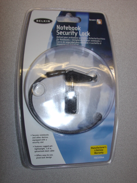 A NOTEBOOK PADLOCK. DESIGNED TO SECURE NOTEBOOKS AND OTHER DEVICES WITH A SECURITY SLOT. WITH A LIGHTWEIGHT, 1.8M GALVANIZED-STEEL CABLE. WITH TWO KEYS. WITH A ZIP POUCH. PACKAGED IN A CLEAR PLASTIC CARTON WITH A PRINTED CARD INSERT.