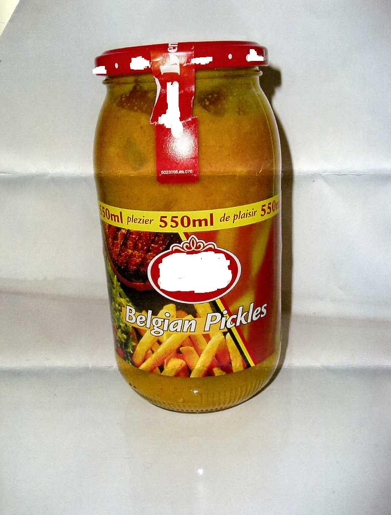 A PICKLE WHICH IS YELLOW/ORANGE IN COLOUR. INGREDIENTS INCLUDE: VINEGAR, GHERKINS, CAULIFLOWER, WATER, ONIONS, MUSTARD (VINEGAR, MUSTARD SEEDS, WATER, SALT, SPICES), DEXTROSE, SUGAR, MODIFIED START, SALT, SPICES, MUSTARD FLOWER, FLAVOURINGS COLOURING MATTER: TARTRAZINE AND YELLOW ORANGE S.  SOLD IN 550ML CLEAR GLASS JARS WITH A RED LID.