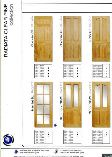 PINE ENGINEERED DOORS, DOWELLED CONSTRUCTION USING EXTERIOR GLUE. STILES AND RAILS SOLID EDGE GLUED OVER VENEERED WITH SLICE CUT PINE VENEER TO MEASURE 0.6MM AFTER SANDING. PANEL TO BE MDF OVER VENEERED WITH SLICE CUT PINE VENEER TO MEASURE 0.6MM AFTER SANDING. ALL JOINTS TO BE WELL MADE AND TIGHT WITHOUT THE USE OF WOOD FILLER. ALL PANELS TO BE FITTED AND TIGHT WITHIN THE DOOR FRAMEWORK. ALL GLAZING OPENINGS TO BE SQUARE AND WITH TIGHT ACCURATE JOINTS. DOORS TO BE MADE FROM KILN DRIED LUMBER OF BETWEEN 12/13 PERCENT AT THE TIME OF SHIPMENT. DOORS TO BE FLAT AND FREE FROM TWIST. DOORS TO BE WELL COLOUR MATCHED AND FREE FROM WORM/GRUB HOLES AND SMOOTHLY SANDED. ALL DOORS TO BE SHRINK WRAPPED.