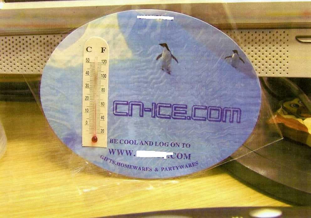 AN OVAL SHAPED MAGNETIC ARTICLE WITH A PENGUIN AND ICE SCENE DESIGN AND A LIQUID FILLED THERMOMETER ATTACHED FOR DIRECT READING. DESIGNED FOR USE ON STEEL NOTICE BOARDS, FRIDGES AND SIMILAR ARTICLES