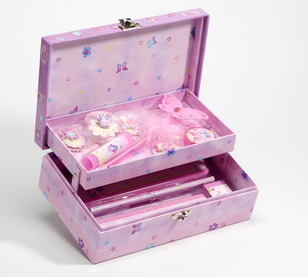 SMALL PLASTIC BOX DESIGNED TO HOLD STATIONERY ITEMS. PINK IN COLOUR. PRESENTED IN A TRINKET BOX WITH A PENCIL, RULER, RUBBER, PENCIL SHARPENER, PEN, GLUE  AND STICKERS, ALL CLASSIFED SEPARATELY. PACKAGED FOR RETAIL SALE IN A CLEAR POLY BAG.