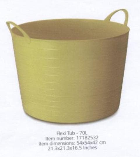 A PLASTIC INJECTION MOULDED FLEXI TUB FOR HOUSEHOLD USE,CAPACITY 70 LITRES, DIMENSIONS : 54 X 54 X 42CM.