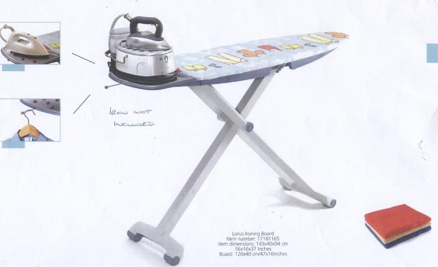IRONING BOARD COMPOSED OF INJECTION MOULDED PLASTIC/ALUMINIUM WITH A FABRIC COVER. DIMENSIONS : 143 X 40 X 94CM.