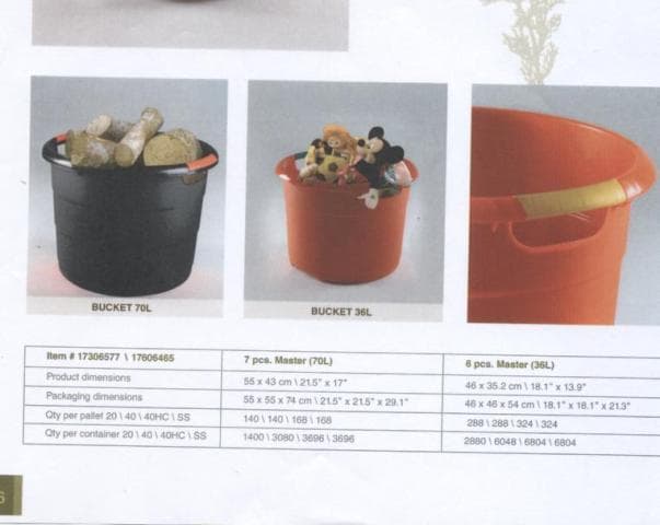 PLASTIC INJECTION MOULDED 70 LITRE BUCKET FOR HOUSEHOLD USE, DIMENSIONS 55 X 43CM.