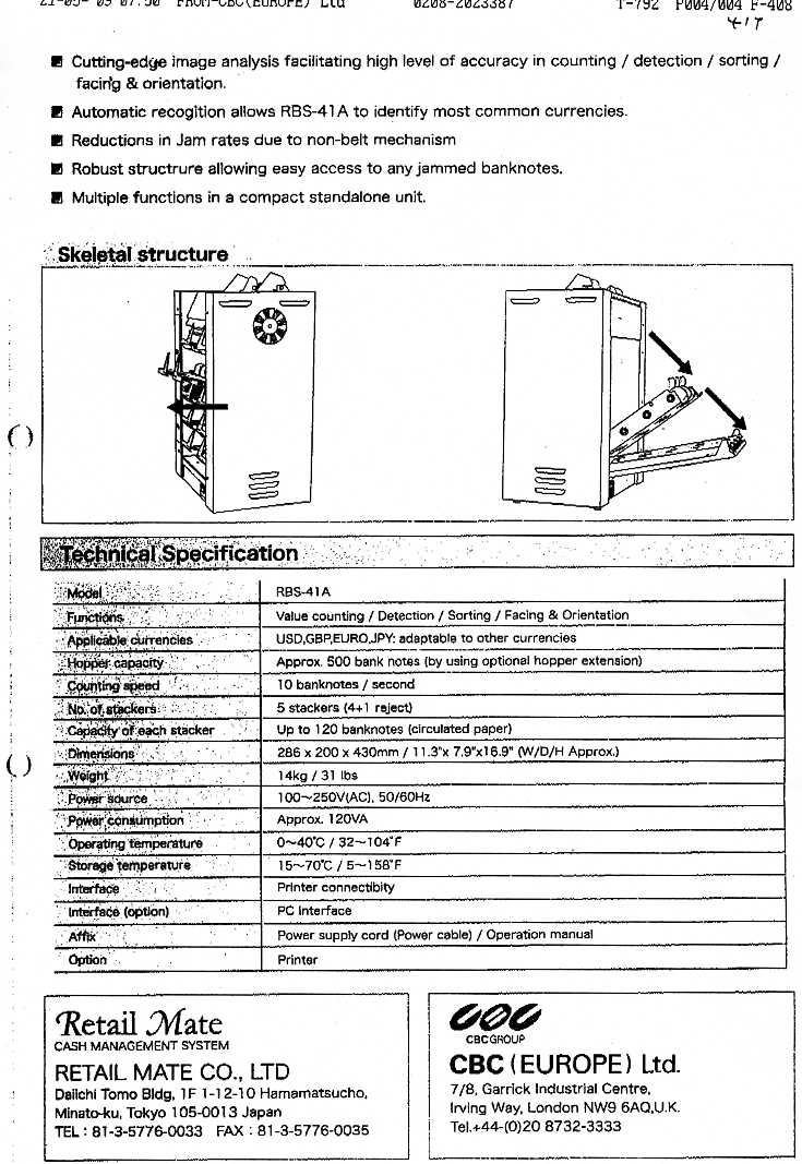 HIGH PERFORMANCE CURRENCY BANKNOTE SORTING AND COUNTING MACHINE. SORTS US DOLLAR  BANKNOTES, GB STERLING BANKNOTES, EURO BANKNOTES AND JAPANESE YEN BANKNOTES. CAN BE ADAPTED TO SORT OTHER CURRENCY BANKNOTES. CAN SORT BY VALUE-COUNTING, DETECTION, SORTING AND FACING AND ORIENTATION. ALSO INCLUDES AUTOMATIC RECOGNITION FEATURE, TO RECOGNISE MOST COMMON CURRENCIES. HAS 5 STACKERS (4 + 1 REJECT STACKER), EACH HOLDING 120 BANKNOTES. HOPPER CAPACITY: 500 BANKNOTES. COUNTING SPEED: 10 BANKNOTES PER SECOND. DIMENSIONS: HEIGHT: 430 MM (16.9 INCHES), WIDTH: 286 MM (11.3 INCHES), DEPTH 200 MM (7.9 INCHES). WEIGHT: 14 KG (31 LBS). CAN BE LINKED TO A COMPUTER, AND A PRINTER.