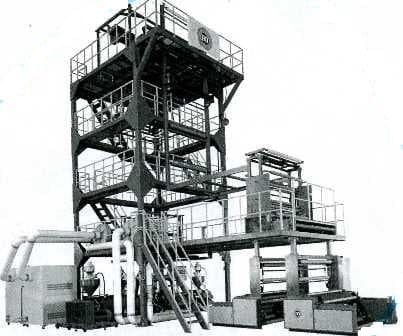 A COMPLETE BLOWN FILM MACHINERY LINE FOR THE EXTRUSION OF PLASTIC PACKAGING FILMS.  FOR MAKING VARIOUS APPLICATIONS SUCH AS SHOPPING BAGS, VEST BAGS, GARBAGE BAGS, AGRICULTURAL FILM, CONSTRUCTION FILM, PACKAGING FILM AND LAMINATION FILM. THE WORKABLE MATERIALS THAT CAN BE USED ARE LDPE, LLDPE, MLLDPE AND HDPE. THE LINE COMPRISES OF THE EXTRUDER, SCREWS, DIE HEAD, BUBBLE CAGE, HAUL OFF UNIT, WINDERS, FILM TREATERS, AIR RING, CONTROL CABINETS AND ELECTRICS. THE TAKE UP UNIT IS DESIGNED AND BUILT WITH A HEAVY DUTY STEEL FRAME STRUCTURE.