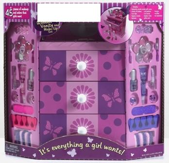 LIP GLOSS.  PACKAGED IN A CLEAR TUBE WITH A BUTTERFLY ON THE FRONT.  PACKAGED WITH THE FOLLOWING: A WOODEN VANITY BOX, 2 LIP GLOSS COMPACTS, 2 NAIL POLISHES, 2 LIP STICKS, 4 PLASTIC RINGS, 2 PLASTIC HAIR CLIPS, 12 TEXTILE HAIR BANDS, BODY GLITTER, 2 FOAM TOE SPACERS, 2 NAIL FILES, 4 BRUSHES AND SOME STICKERS (CLASSIFIED SEPARATELY).  SET IS PACKAGED IN A PURPLE AND PINK CARDBOARD BOX.