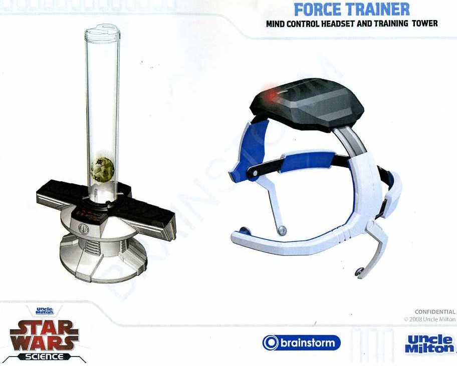 TOY FORCE TRAINER. OF PLASTIC. CONSISTING OF A TRAINING TOWER AND A MIND CONTROL HEADSET. THE TOWER IS A CLEAR PLASTIC TUBE THAT INCORPORATES A MOTOR DRIVEN FAN WITH A PING PONG BALL INSIDE IT AND THE HEADSET HAS EARPIECES AND A MICROPHONE LOOKING DEVICE THAT INCORPORATES SENSORS AND  A BRAIN WAVE DETECTOR. THE IDEA IS TO GET THE PING PONG BALL TO RISE IN THE TUBE BY POWER OF CONCENTRATION/THOUGHT BY WEARING THE HEADSET. THE DETECTORS PICK UP ON ELECTRICAL ACTIVITY THAT IS TRANSLATED INTO A SIGNAL THAT CONTROLS THE FAN WHICH LEVITATES THE BALL. THE HARDER YOU CONCENTRATE THE HIGHER THE BALL RISES. THE BALLS MOVEMENT IS ACCOMPANIED BY SOUND EFFECTS.