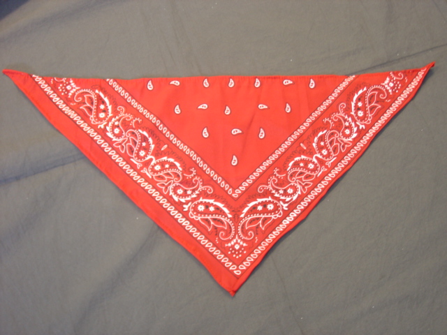 A WOVEN COTTON BANDANA IN A TRIANGULAR SHAPE. HEMMED ON ALL SIDES. WITH A PRINTED MOTIF. MEASURING 71CM X 55.5CM. PACKAGED TOGETHER FOR RETAIL SALE WITH A CHILD'S FANCY DRESS COWGIRL OUTFIT. ALL ITEMS CLASSIFIED SEPARATELY.