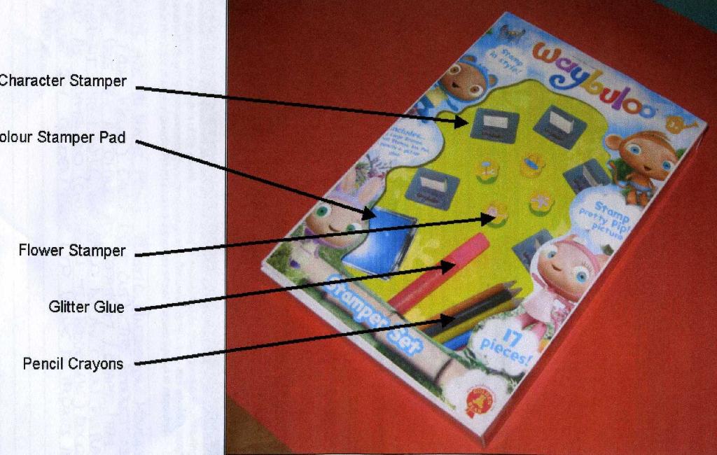 A CREATIVE KIT FOR CHILDREN CONTAINING 5 CHARACTER STAMPS, 4 FLOWER STAMPS, A COLOUR STAMP PAD, 6 PENCIL CRAYONS AND A TUBE OF GLITTER GLUE. PRESENTED IN A PRINTED PAPER CARD TRAY WITH CLEAR PLASTIC COVER.